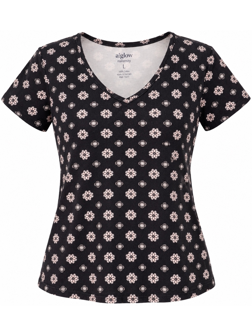 a:glow Maternity Large Black Floral V-Neck Cotton Short Sleeve Top